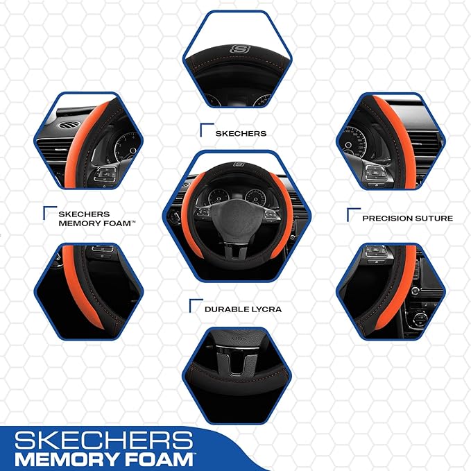 Skechers Steering Wheel Cover, Memory Foam Car Steering Wheel Cover,14.5-15inch Anti-Slip Safety Comfortable Desgin, Universal Accessory for Diverse Cars, Truck,SUV (Black & Orange)
