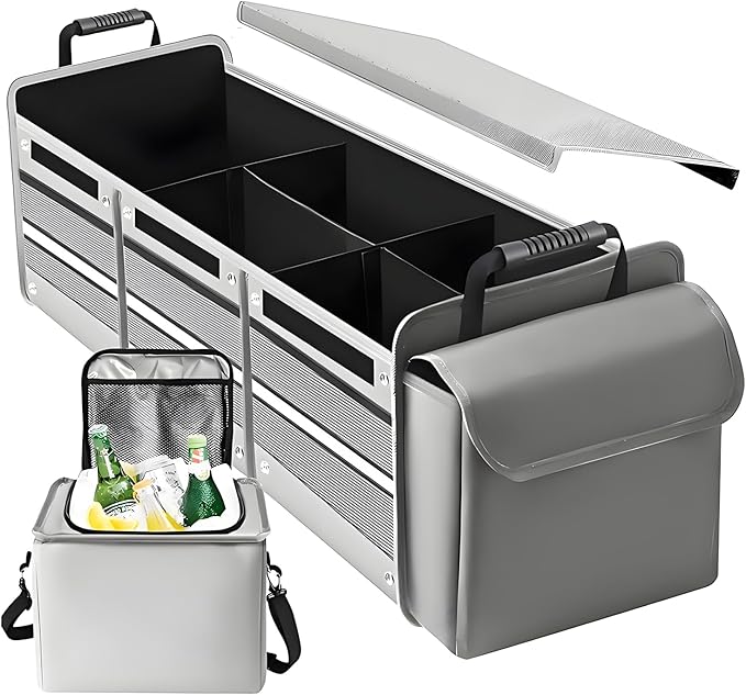 Collapsible Trunk Organizer for Car with Insulated Leakproof Cooler Bag, 3 Compartments SUV Cargo Organizer w/Removable Dividers, 5-in-1 Storage w/Foldable Lid & 2 Tie-Down Straps (Grey)