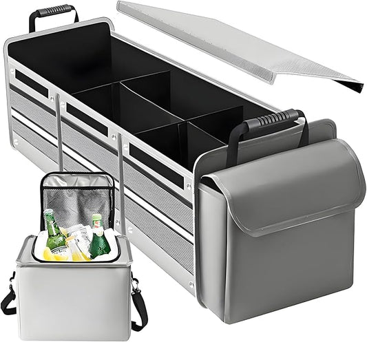 Collapsible Trunk Organizer for Car with Insulated Leakproof Cooler Bag, 3 Compartments SUV Cargo Organizer w/Removable Dividers, 5-in-1 Storage w/Foldable Lid & 2 Tie-Down Straps (Grey)