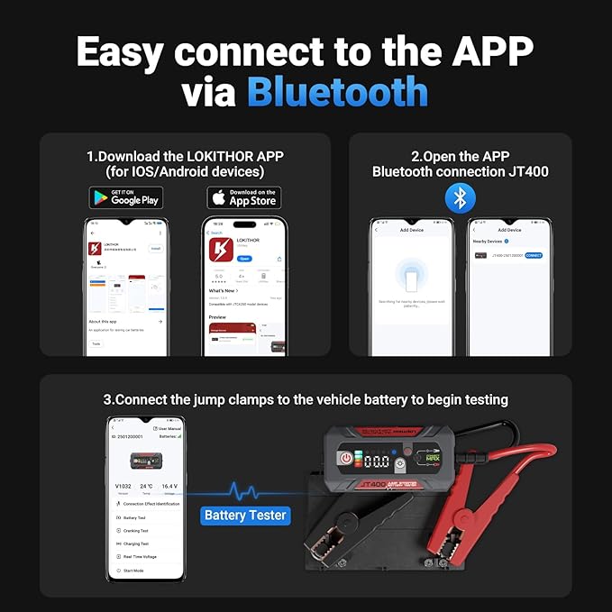 LOKITHOR JT400 2500A Portable Jump Starter with Battery Tester, 12V Car Battery Jump Starter for Up to 8.5L Gas or 6.5L Diesel Engines, 100–2000 CCA Automotive Battery Load Tester