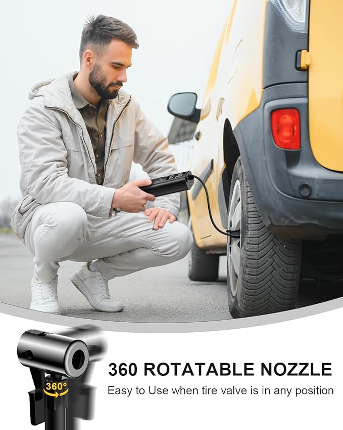 Portable Tire Inflator for Car Tires, 150 PSI Cordless Air Compressor with Digital Pressure Gauge, Auto Shut Off & LED Light, Fast Inflation Electric Air Pump for Car, Bike, Motorcycle, Ball (Black-C)