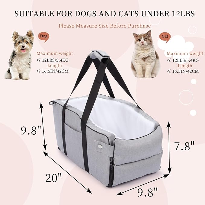 Center Console Dog Car Seat for Small Dogs Up to 12lbs,Portable Middle Console Dog Booster Car Seat with Adjustable Straps, Storage Pocket & Safety Leash