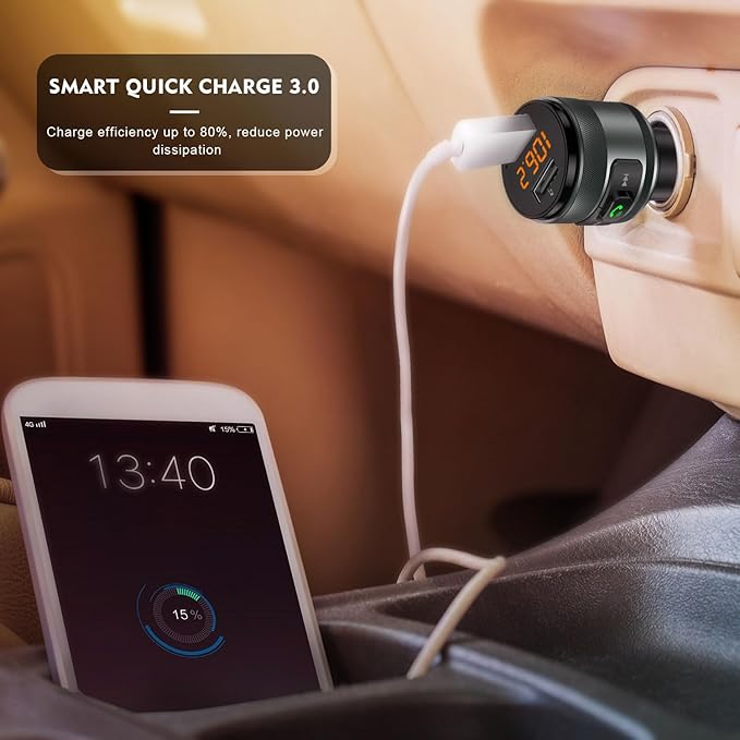 IMDEN Bluetooth 5.4 FM Transmitter for Car, MP3 Music Player Wireless Radio Adapter Kit with QC 3.0 Fast Charger, Hands-Free Calling, Supports USB Drive for 12V/24V Vehicles