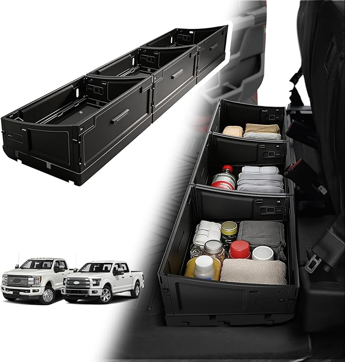 VaultsOnWheels Foldable Under Seat Storage Box for Ford F150 2015-2026 SuperCrew/Crew Cab&F250 F350 F450 2017-2026 SuperDuty Accessories, Console Organizer with Snap Latches, Detachable Truck Tool Box