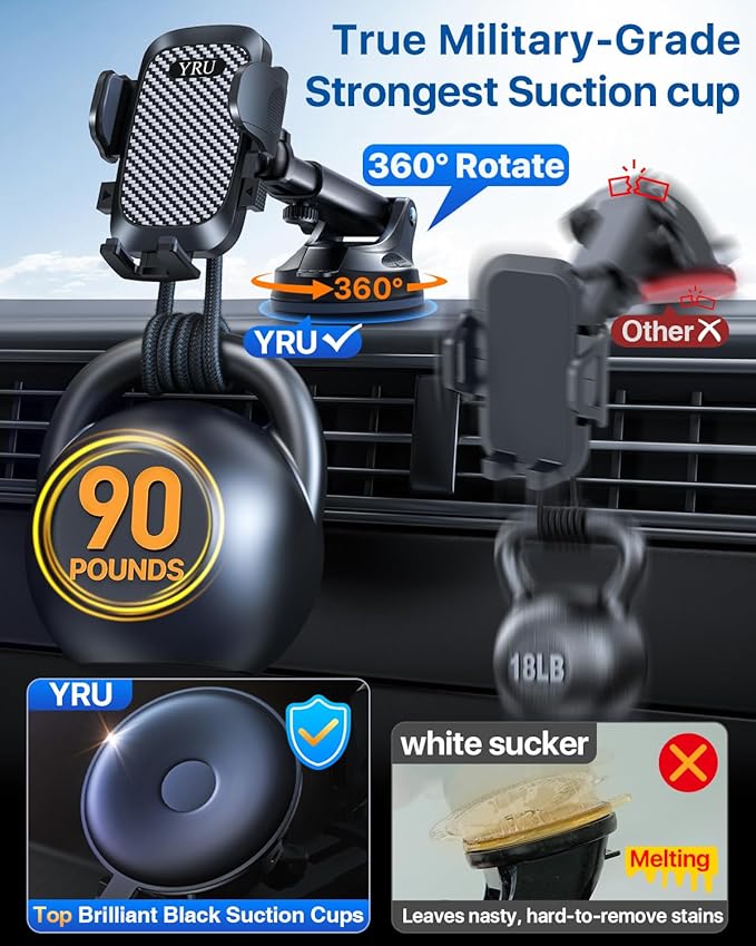 YRU True Military-Grade [360° Rotation Suction] 2026 Ultimate Car Phone Holder Mount 【90+LBS Safest Strongest & Patent Certs】 Dashboard Windshield Vent for iPhone 17 Pro Max Speaker Boxes, Gloss Black