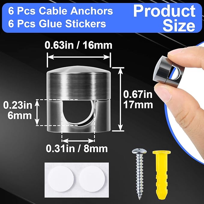 SmallCat 6 Sets Charger Holders for Cords, Black Adjustable Cable Anchor Holders, Adhesive Metal Cord Clips, Cable Management Wire Organizers for Desk, Office, Nightstand
