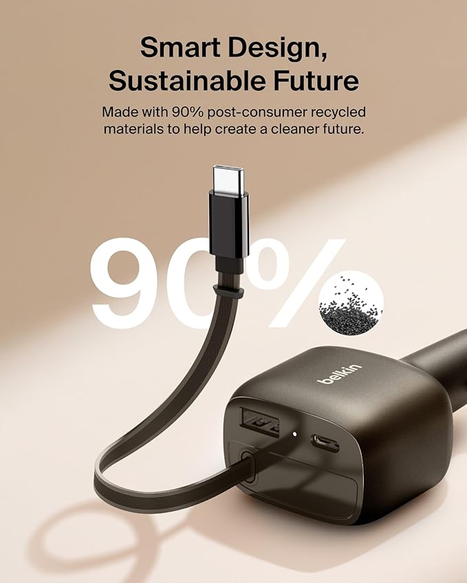 Belkin USB C Car Charger 75W w/ 30in USB C Retractable Charger, Compatible with iPhone 17 & 16 Series, Galaxy S25 Series, AirPods, Tablet, MacBook, Chromebook