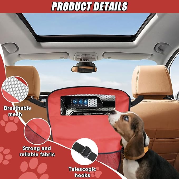 Dog Car Net Barrier Between Seats - Pet Barrier Vehicle Travel Dog Fence with Mesh Window for Safe Driving - Vehicle Divider Car Backseat Barrier Storage Bag for SUVs and Trucks (Red)