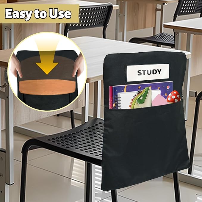 24 Pack Chair Pockets for Classrooms, 16 x 19 inch Pocket Chart Back of Chair Organizer for Kids with Name Slot, Seat Sacks for Classroom Chairs Seat Storage (Black, 24Pack)