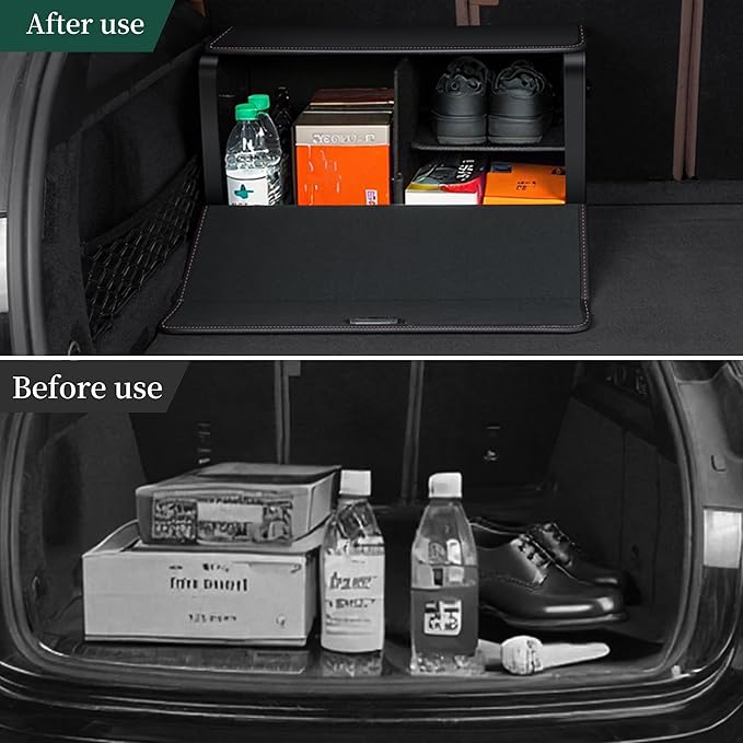 Car Trunk Organizer for SUVs & Sedans,Leather Storage Box,Magnetic Lid,Collapsible and Adjustable,Extra Large,Magnetic Induction Lamp,Black