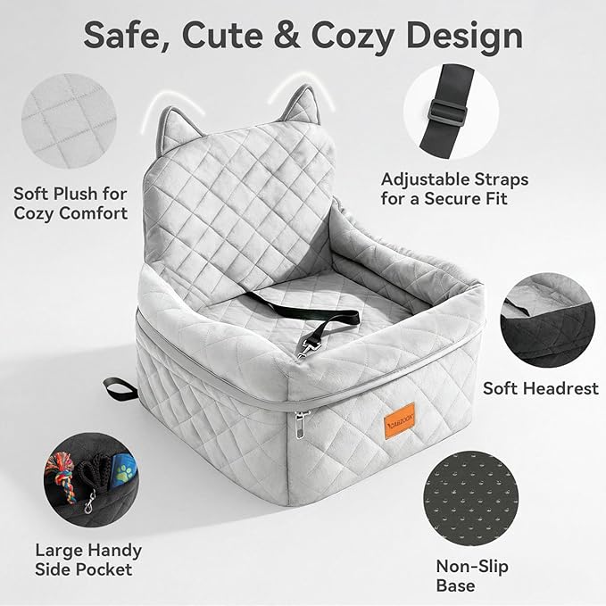 Dog Car Seat for Small/Medium Dogs Up to 35lbs,Elevated Cushion Fits in Front/Back Seat,Travel Safety Per Car Bed with Washable Removable Cover, Storage 2 Pockets Grey