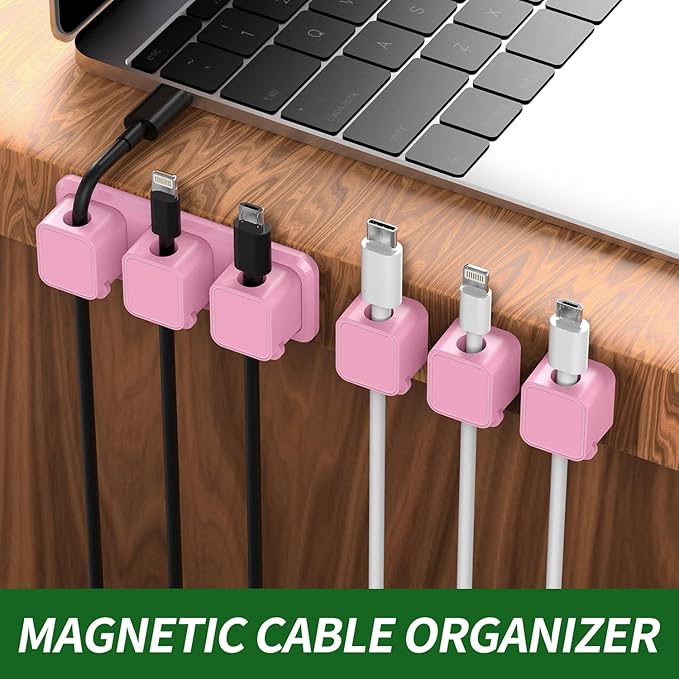 Magnetic Cable Organizer for Desk – Upgraded Wire Clips with Adhesive Base – Desktop Cord Holder for USB, Charging Cables – 6 Clips + 1 Magnetic Base (Pink)