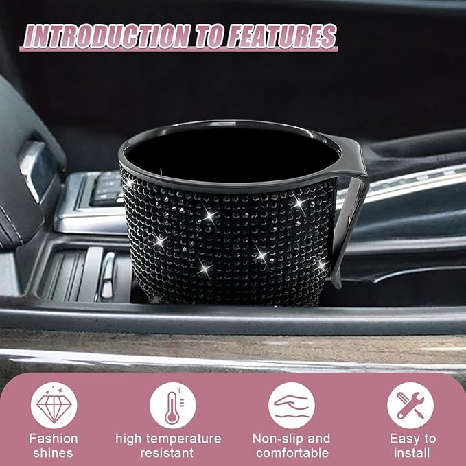 Bling Rhinestones Car Air Vent Trash Can, Hanging Automotive Cup Holder with 2 Hooks, Multi-Function Vehicle Door Organizer Accessories for Key, Pen, Water Bottles, Cellphone(Black)