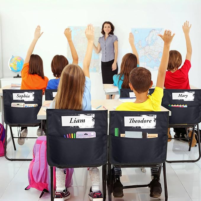 AZKAQA Chair Pockets for Classroom 15.6x16.8 Inch - 12 Pack Chairback Buddy Pocket Chart Seat Back Organizer Student Storage with Lable Slot for Classroom Kindergarten School Home (Black)