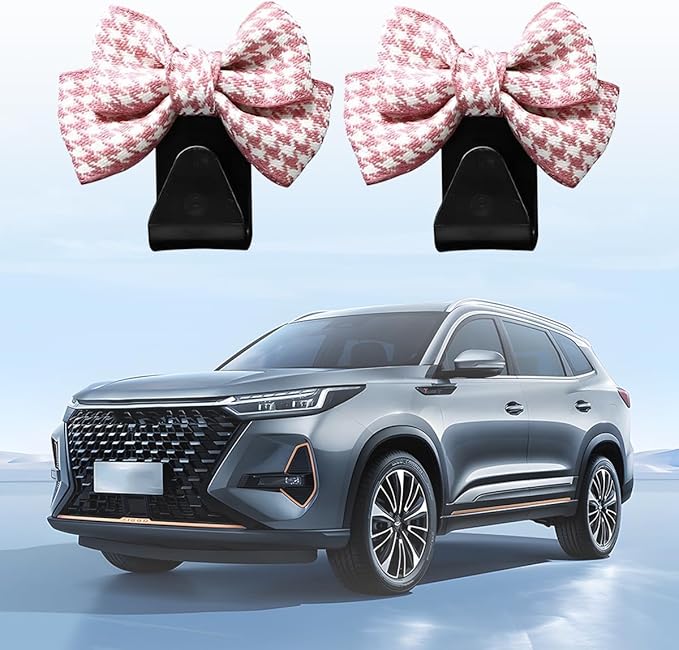 Cute Bow Car Seat Headrest Hooks, 2PCS Multifunctional Vehicle Rear Seat Hanging Hooks, Automotive Interior Seatback Storage Organizer for Purses Bags, Universal Fit (Pink/Small)