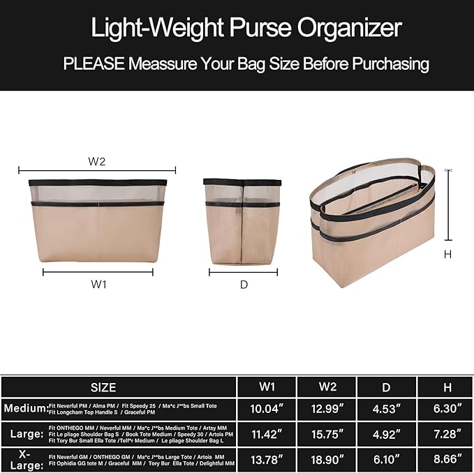 ZTUJO Purse Organizer Insert For Handbags,Mesh Bag Organizer Insert With Zipper Bag Tote Shaper Fit Speedy Neverful PM MM le Pliage,Light Weight (Beige, Medium)