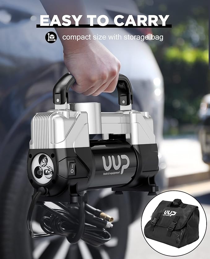 UUP Tire Inflator Air Compressor, 150PSI 12V DC Double Cylinders Heavy Duty Portable Air Pump w/Emergency LED Light for Truck, SUV, Car, RV (black1)