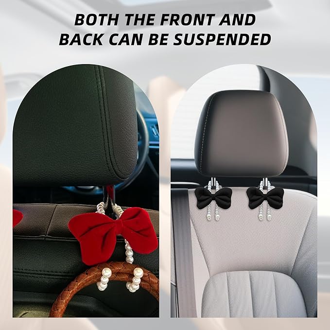 2 PCS Elegant Pearl Car Seat Headrest Hook, Cute Car Seat Hook Hanger Storage Organizer for Handbag Purse, Interior Decoration Headrest Hanger for Women (2PCS Pink Bow)