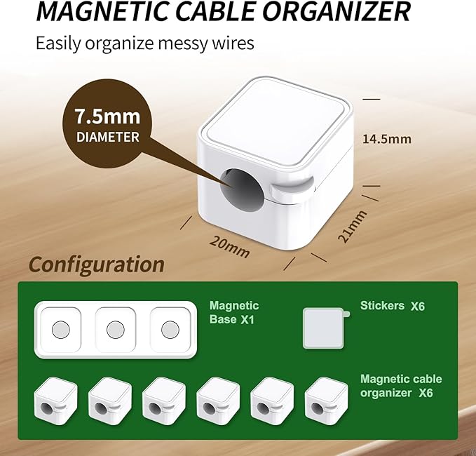 Magnetic Cable Organizer for Desk – Upgraded Wire Clips with Adhesive Base – Desktop Cord Holder for USB, Charging Cables – 6 Clips + 1 Magnetic Base (White)