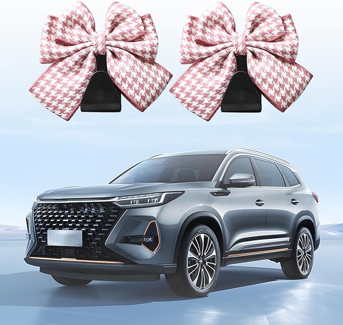 Cute Bow Car Seat Headrest Hooks, 2PCS Multifunctional Vehicle Rear Seat Hanging Hooks, Automotive Interior Seatback Storage Organizer for Purses Bags, Universal Fit (Pink/Houndstooth)
