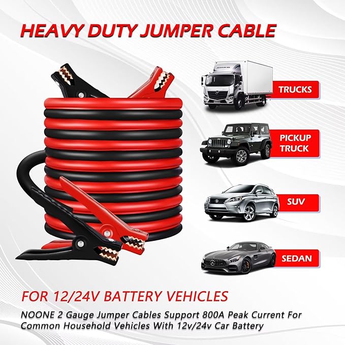 NOONE Jumper Cables for Car Battery - 2 Gauge 16 FT 800Amp Heavy Duty Automotive Booster Jumper Cables for Jump Starting Dead or Weak Batteries (2AWG x 16Ft)