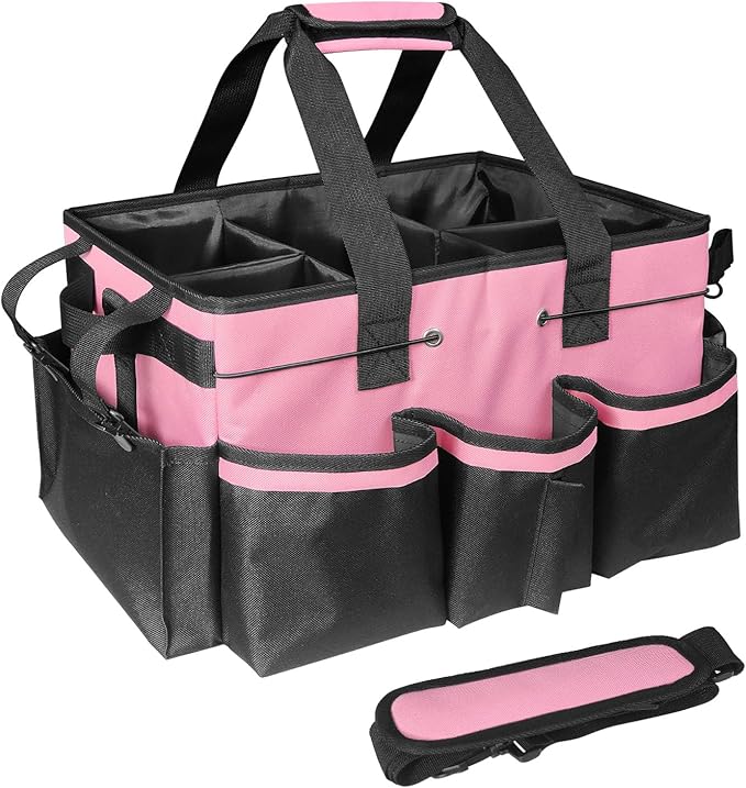 Cleaning Bags for Housekeepers, Large Cleaning Supplies Organizer with Handles & Shoulder Strap, Cleaning Caddy Bag with Foldable Divider for Cleaners, Car Horse Cleaning Bag(Pink)