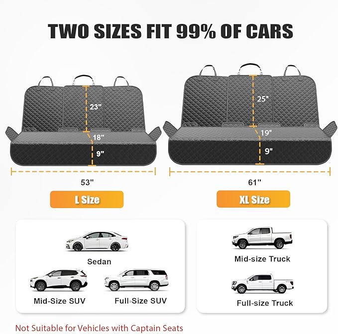 Dog Car Seat Cover for Back Seat, Waterproof Back Seat Cover with Zippered Armrest Access, Non Slip Rear Bench Cover for Cars SUVs and Trucks - 60W