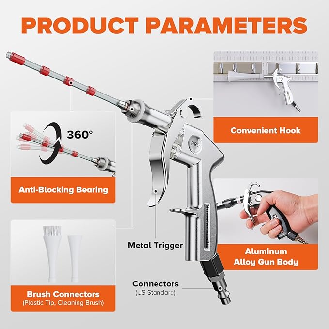 Tornado Car Cleaning Gun Interior Dryer Air Blow Gun, Automotive Tool Car Detailing Supplies High Pressure Air Gun, Car Detailing Cleaner Kit for Car Quickly Blasts Dirt and Dust Works with Air Silver