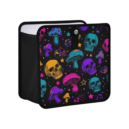 Car Trash Can Organizer Bin with Adjustable Strap for Back Front Seat Console Waterproof Leakproof Collapsible Portable 8.66 Inch Neon-colored Skulls Stars Mushrooms