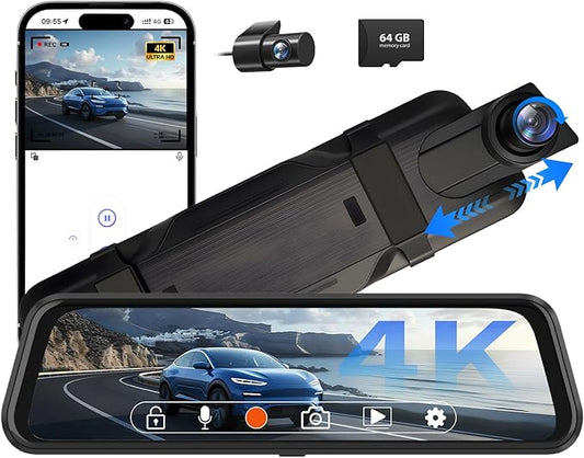 4K Rear View Mirror Camera, 10" Mirror Dash Cam Front and Rear with 64GB Card, Full Touch Screen Dash Cam with 1080P Backup Camera for Car with Reverse Assist,WiFi,APP,Night Vision,Parking Monitor