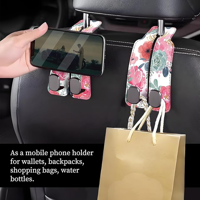 Car Seat Headrest Hook, Universal Leather Cute Hanger Holder Hook, Storage Organizer Interior Accessories for Purse Bags Handbag Cute Pink Flowers