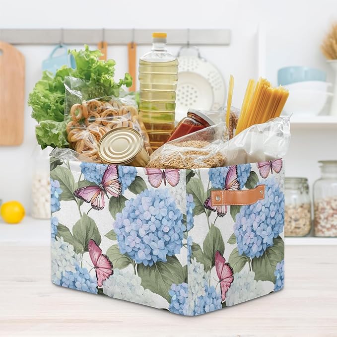 Blue Hydrangea Flowers Storage Baskets for Organizing, Fabric Collapsible Storage Bins Box Pink Butterfly Decorative Toy Organizer Baskets for Closet Shelves Gift Basket 1 Pc
