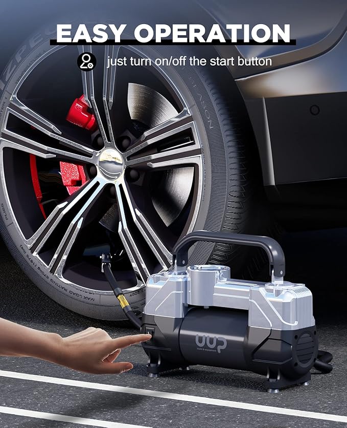 UUP Tire Inflator Air Compressor, 150PSI 12V DC Double Cylinders Heavy Duty Portable Air Pump w/Emergency LED Light for Truck, SUV, Car, RV (black1)