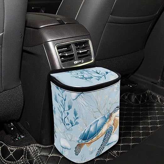 Talayituse Turtle Jellyfish Coral Print Car Trash Can with Lid, Leak Proof Auto Trash Bag Hanging Vehicle Garbage Can Multipurpose Storage Container for Back Seat Road Trip
