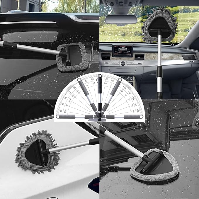 Car Windshield Cleaner Tool, Vehicle Window Cleaner with Extendable Handle & 3 Reusable and Washable Pads, Auto Glass Wash Brush Accessories, Universal for SUV RV Truck (Triangular)