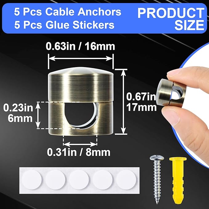 SmallCat 5 Sets Charger Holders for Cords, Antique Copper Color Adjustable Cable Anchor Holders, Adhesive Metal Cord Clips, Cable Management Wire Organizers for Desk, Office, Nightstand