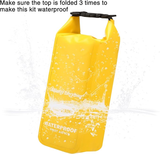 Boat First Aid Kit Waterproof, WELL-STRONG Marine Emergency Kit with Roll Top Dry Bag for Boating Fishing Kayaking – Water-Resistant Contents for Camping & Beach（Yellow）