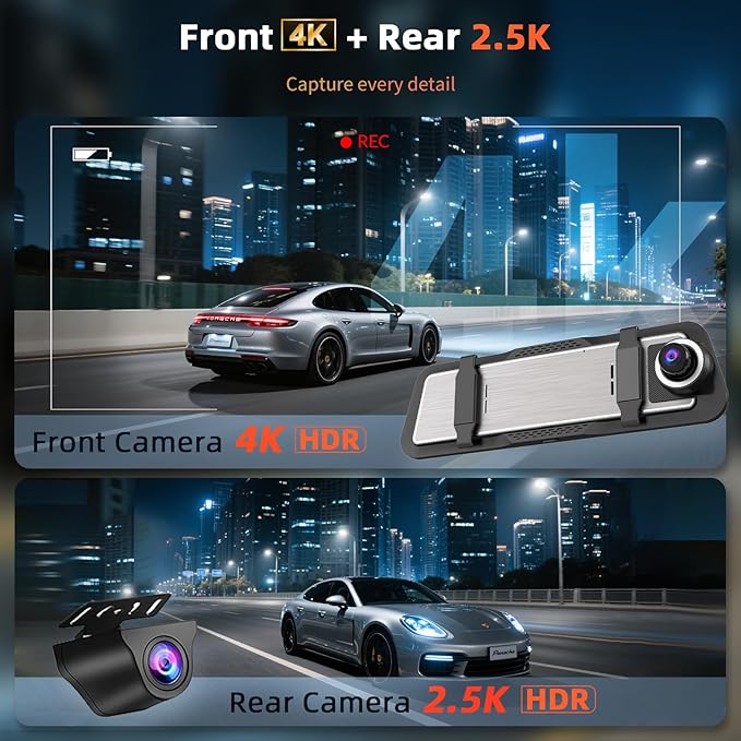 Mirror Dash Cam 4K Front and 2.5K Rear, IMX415 Rearview Mirror Camera for Cars, 5.8GHz WiFi, WDR, G-Sensor, Night Vision, Reverse Assist, Included 64GB Card