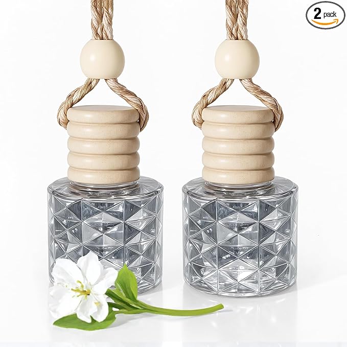 Hanging Car Air Freshener Diffuser, White Jasmine Essential Oil Car Freshener, Rearview Mirror Car Diffuser, Cute Glass Car Accessory for Women, Long Lasting Car Interior Freshener