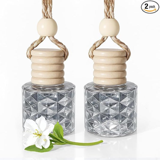 Hanging Car Air Freshener Diffuser, White Jasmine Essential Oil Car Freshener, Rearview Mirror Car Diffuser, Cute Glass Car Accessory for Women, Long Lasting Car Interior Freshener