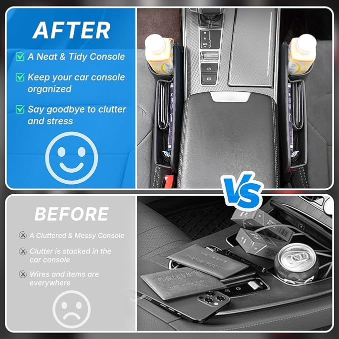 Car Seat Gap Filler Organizer 2-Pack, Premium Leather Storage Box with Cup Holders & Card Slots - Universal Fit for Car SUV Truck, Keep Phone, Keys, Sunglasses Secure (Black, Left + Right Side)