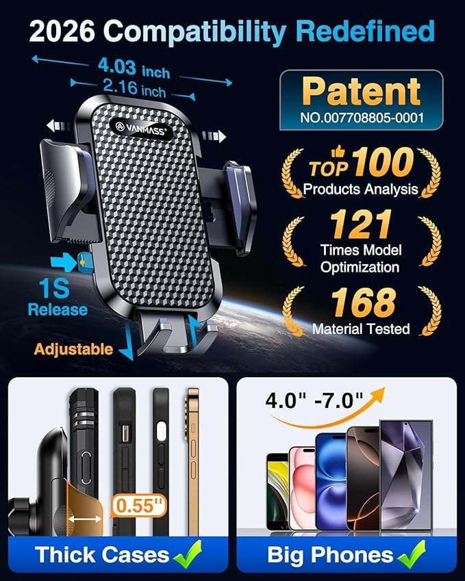 VANMASS Phone Holders for Your Car 2026 Upgraded Military-Grade Car Phone Holder【90+LBS Strongest Suction】Cell Phone Mount Truck Stand for Dashboard Windshield Vent for iPhone 17 Pro Max 16 15 Android