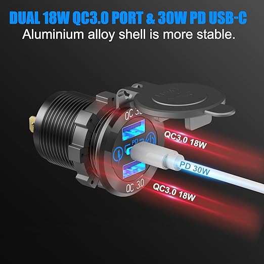 12 Volt USB Outlet RV Accessory 12V Marine Switch Panel, Dual PD30W and QC18W Car USB Port Aluminum Charger, Lighted 150W Cigarette Lighter Socket, Blue LED Voltmeter and Rocker Switch, 4 IN 1 DIY Kit