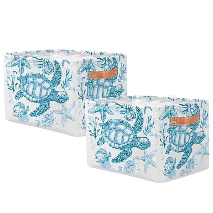 Sea Turtle Storage Baskets for Organizing, Fabric Collapsible Storage Bins Box Ocean Animal Fish Decorative Toy Organizer Baskets for Closet Shelves Gift Basket 2Pcs