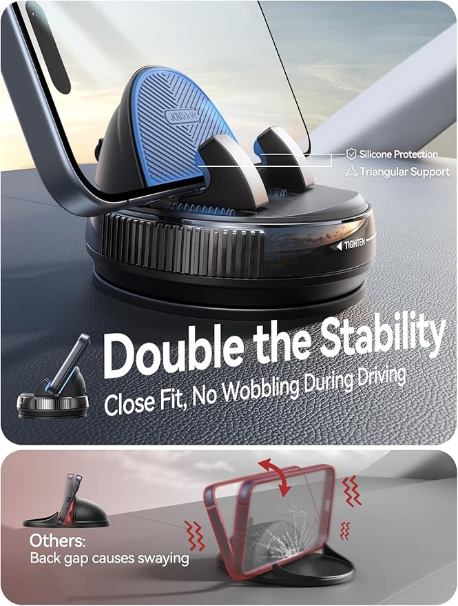 JOYROOM Car Phone Holder Mount, [360° Rotation+Thick Case Friendly] Cell Phone Car Mount with Adjustable Spring Clip, Universal Dashboard Phone Holder Anti-Slip Silicone for iPhone (Black)