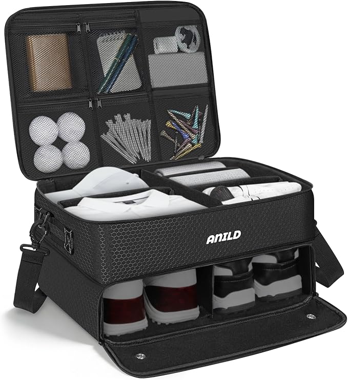 ANILD Golf Trunk Organizer, 2 Layer Golf Storage Case with Separate Ventilated Compartment for 2 Pair Shoes, for Balls, Tees, Clothes, Gloves, Accessories, Golfer Gifts