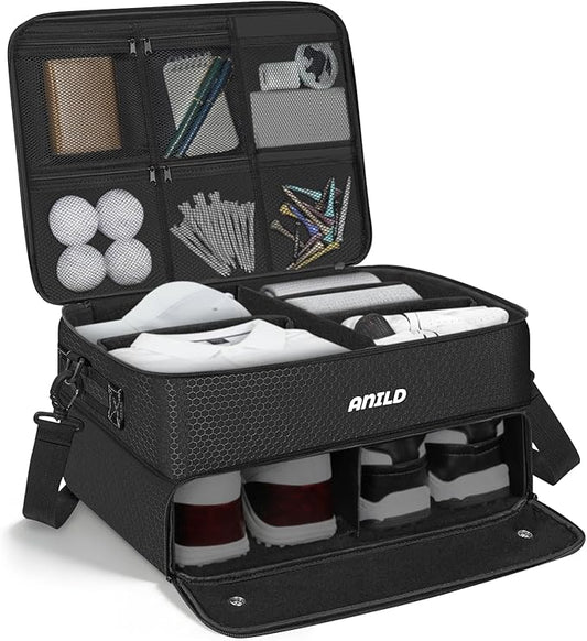 ANILD Golf Trunk Organizer, 2 Layer Golf Storage Case with Separate Ventilated Compartment for 2 Pair Shoes, for Balls, Tees, Clothes, Gloves, Accessories, Golfer Gifts