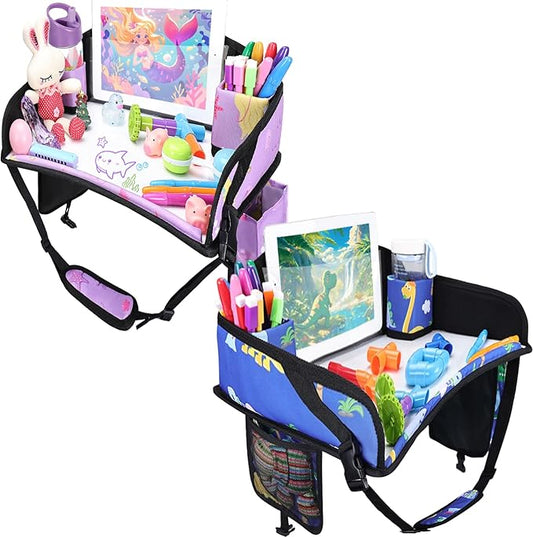 2PCS Kids Travel Tray for Airplane - Toddler Car Seat Table Tray, Road Trip Essentials for Boys & Girls, Carseat Lap Desk for Kids Road Trip Activities (Blue Dinosaur/Purple Mermaid)