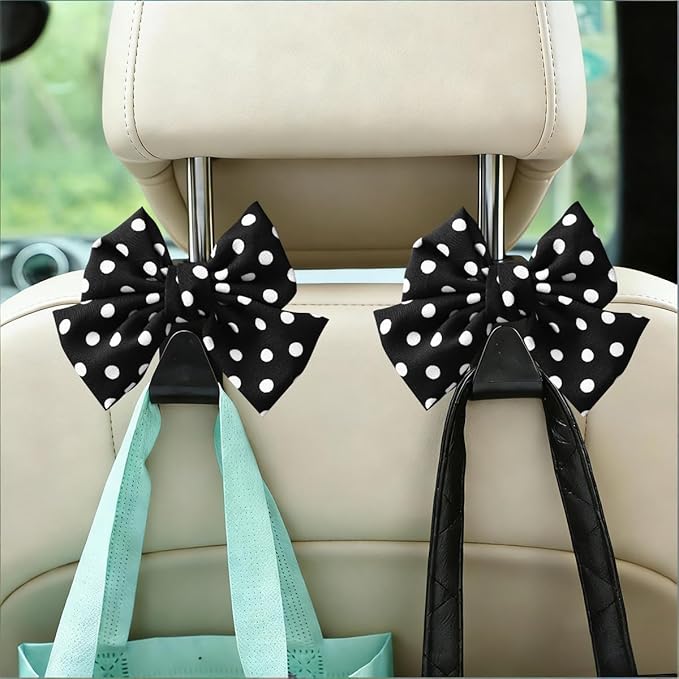 2PCS Car Seat Headrest Hooks, Cute Bow Vehicle Backseat Storage Hanger for Handbag Umbrella Coat, Automotive Seat Back Hook Holder Organizer Decor, Universal for Vehicles (Black Polka Dots)