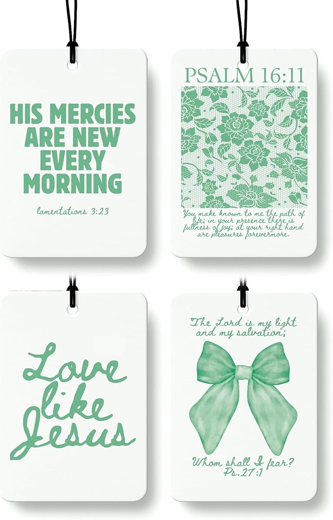 Green Christian Car Air Freshener 4 Pcs, Girly Pink Bow Floral Religious Hanging Air Freshener for Cars Closet Drawer Books, Cute Preppy Christian Car Accessories Mirror Decor for Women